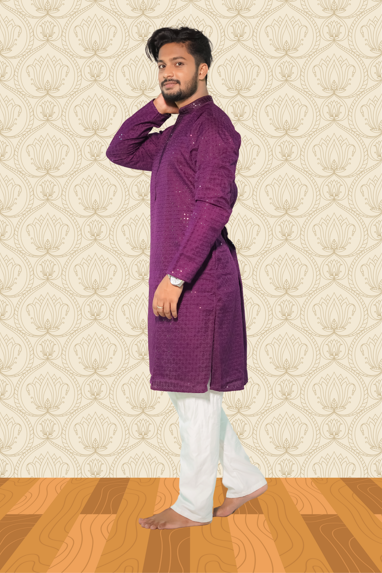 Dark Purple Rayon Sequence Embroidered Cotton Men's Kurta