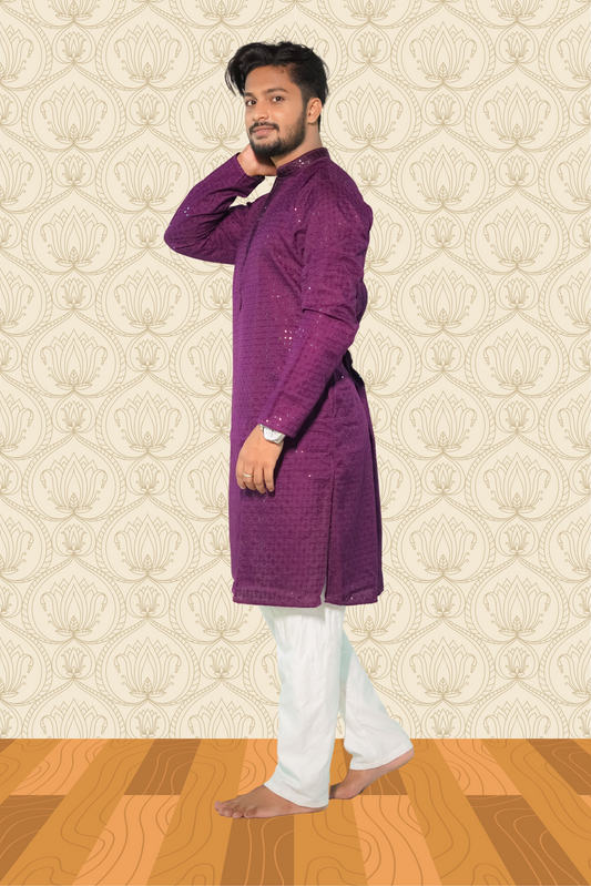 Dark Purple Rayon Sequence Embroidered Cotton Men's Kurta