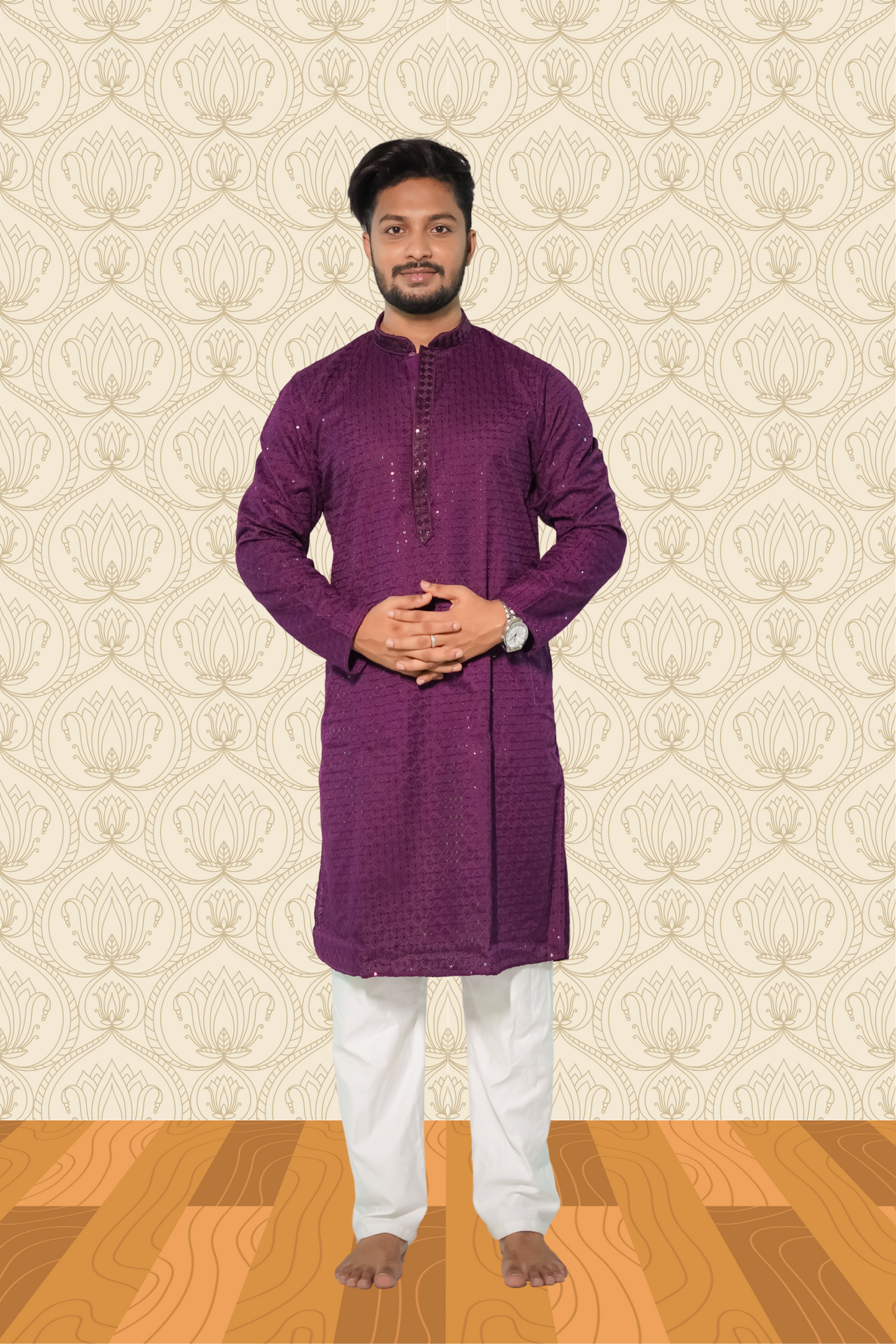 Dark Purple Rayon Sequence Embroidered Cotton Men's Kurta