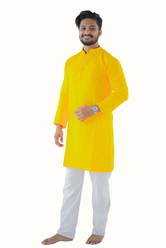 Haldi Yellow Cotton Trendy Kurta Pyjama Set For Men