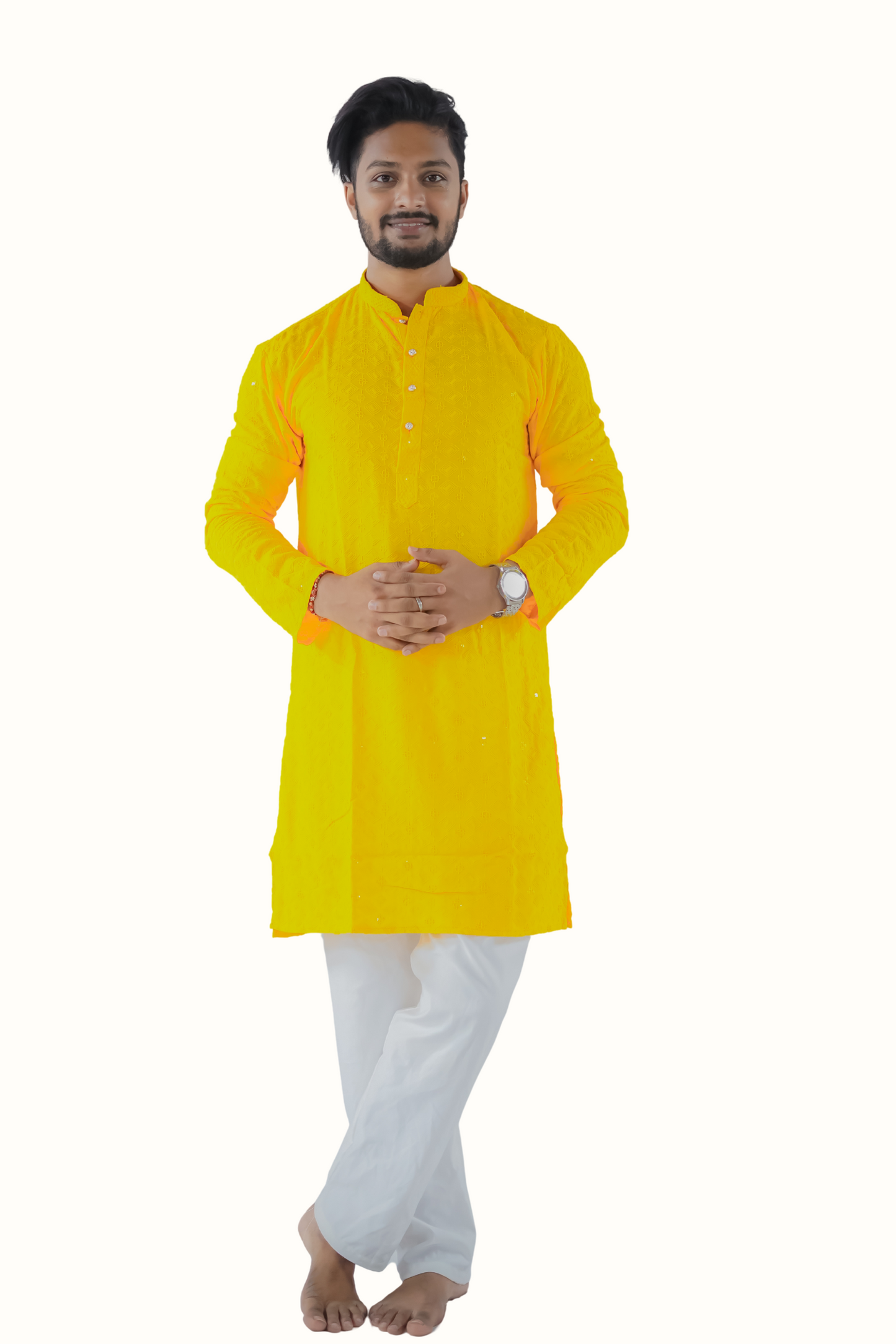Haldi Yellow Cotton Trendy Kurta Pyjama Set For Men