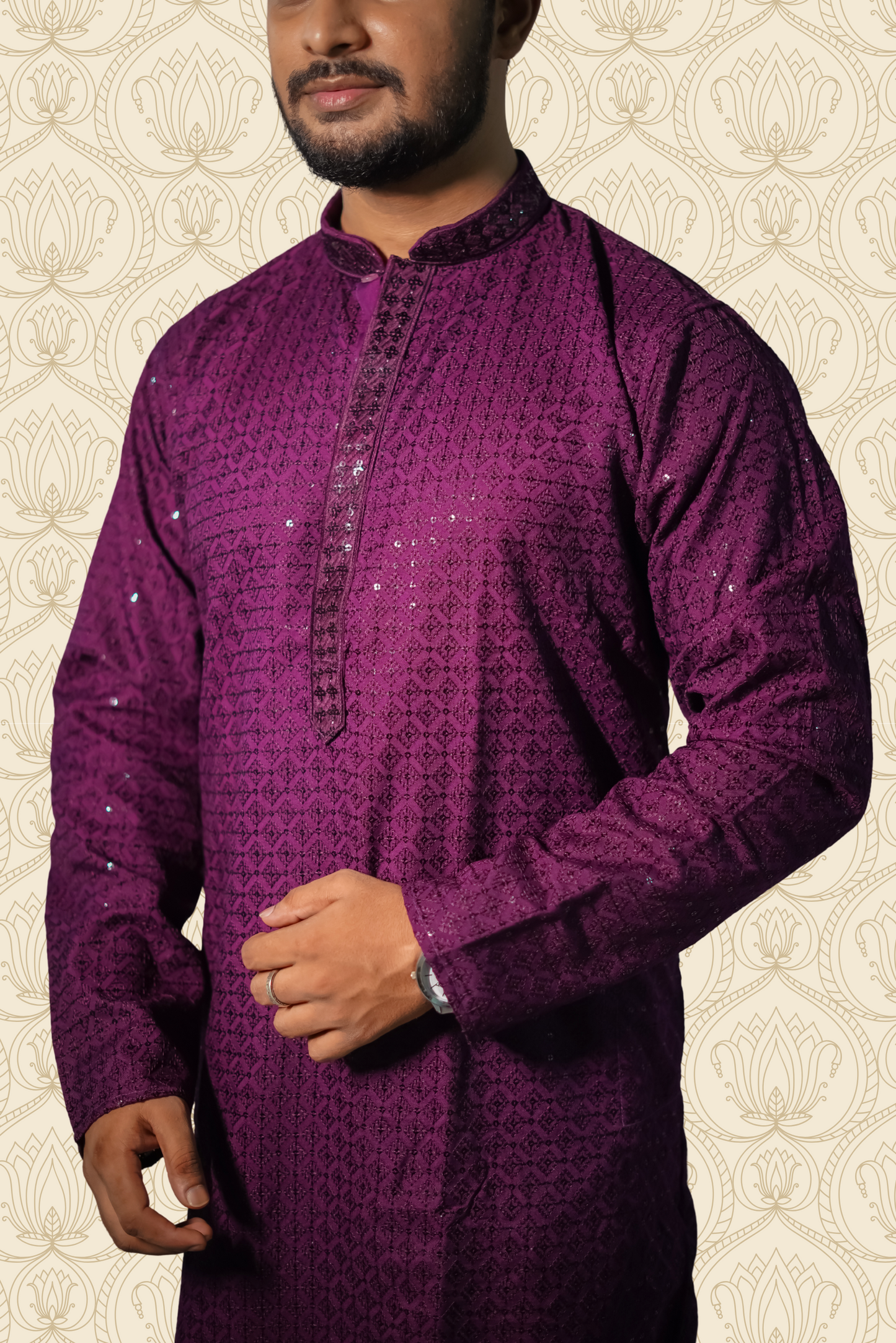 Dark Purple Rayon Sequence Embroidered Cotton Men's Kurta