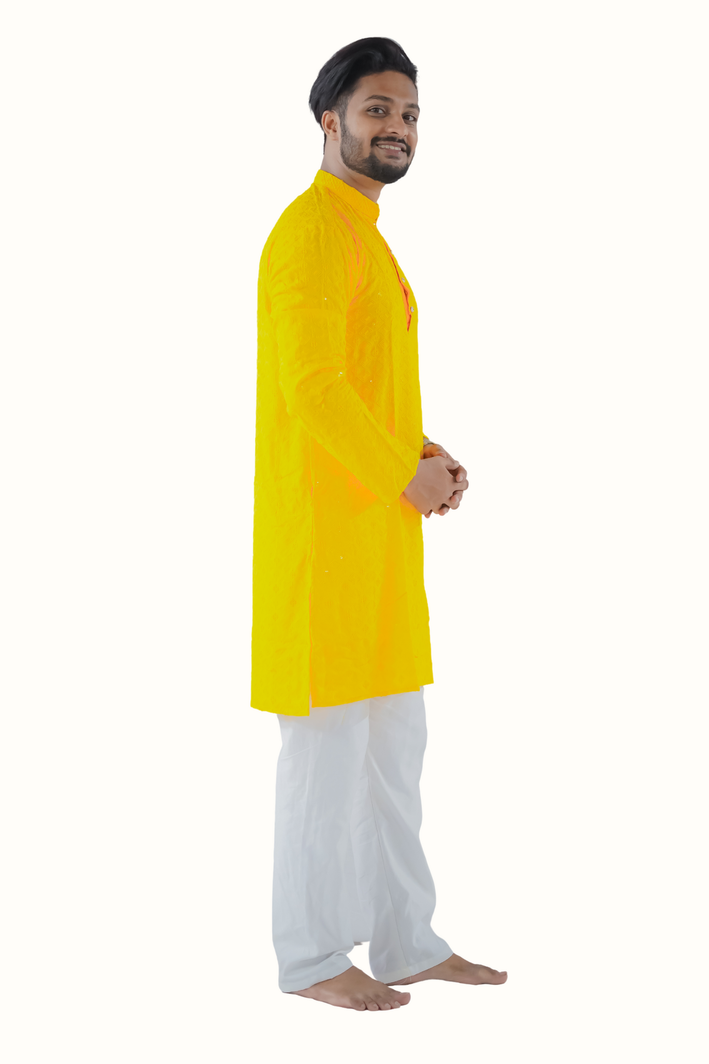 Haldi Yellow Cotton Trendy Kurta Pyjama Set For Men