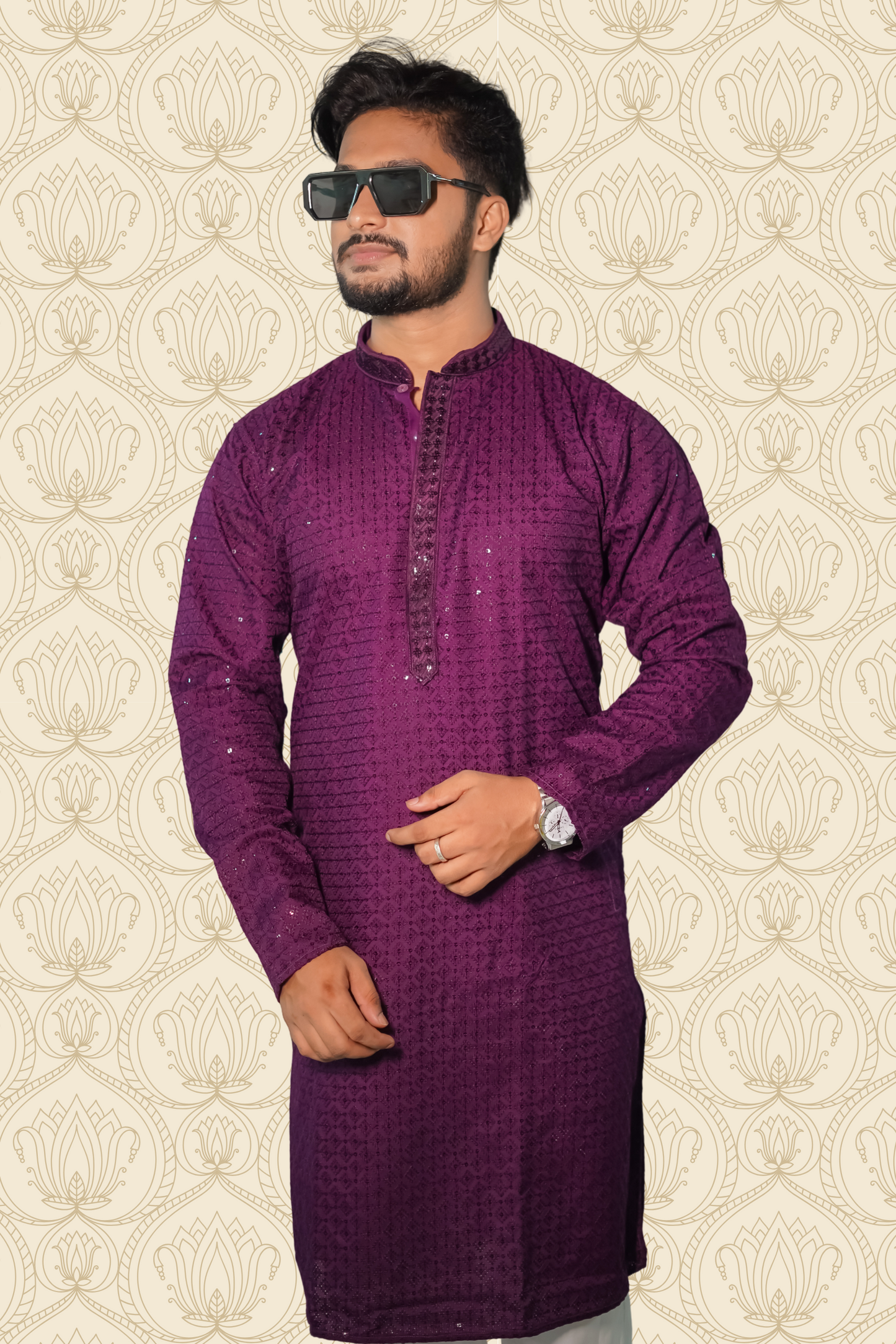 Dark Purple Rayon Sequence Embroidered Cotton Men's Kurta