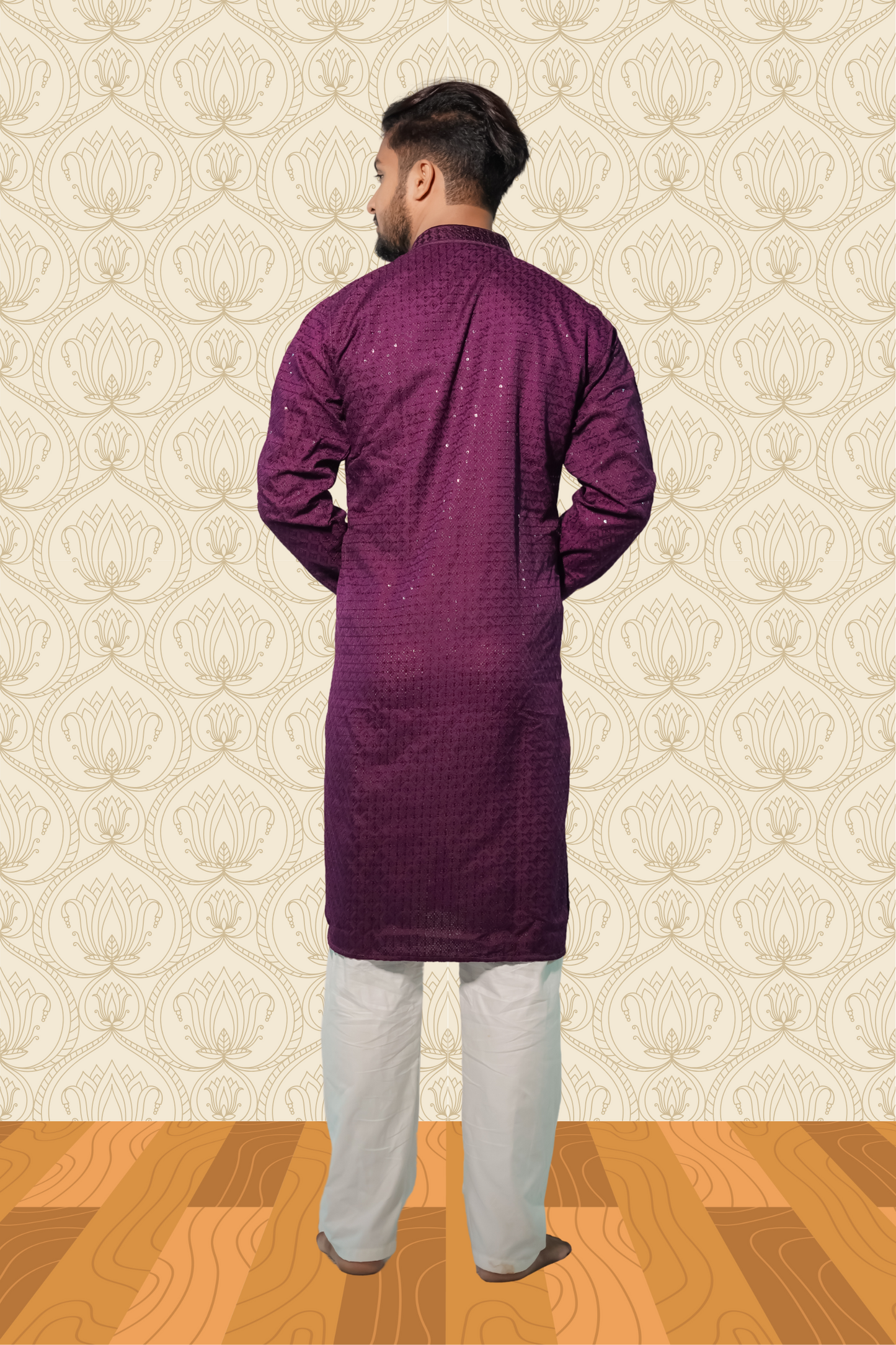Dark Purple Rayon Sequence Embroidered Cotton Men's Kurta