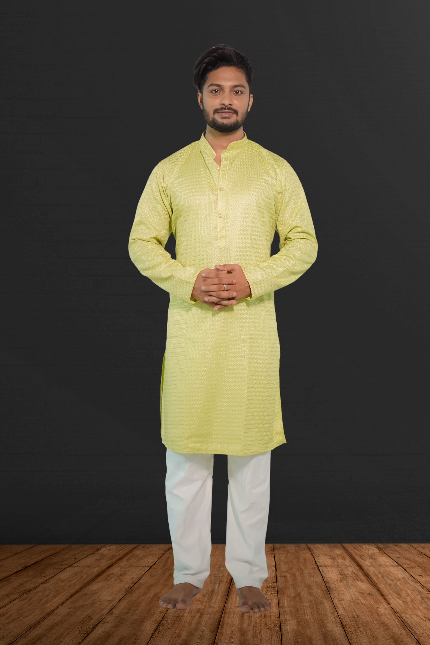 Men's Cotton Silk Sequinned Embroidered Yellow Kurta With White Pyjama