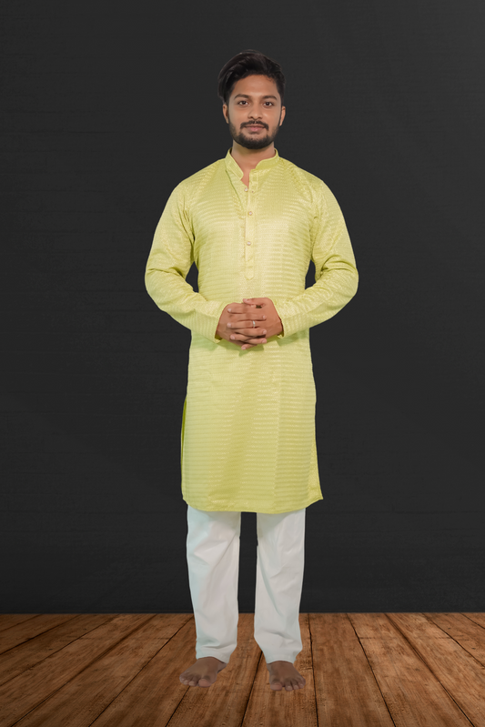 Men's Cotton Silk Sequinned Embroidered Yellow Kurta With White Pyjama