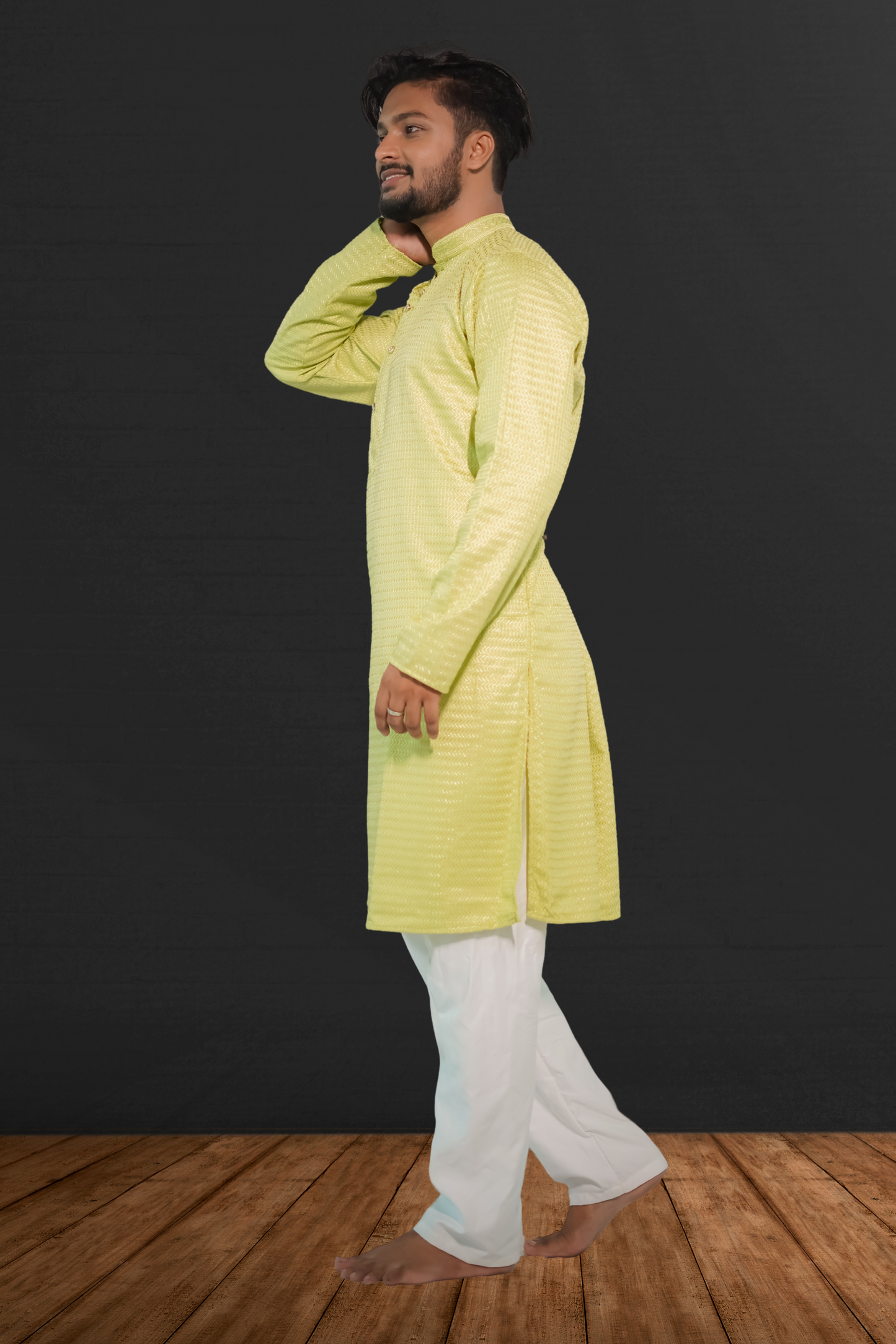 Men's Cotton Silk Sequinned Embroidered Yellow Kurta With White Pyjama
