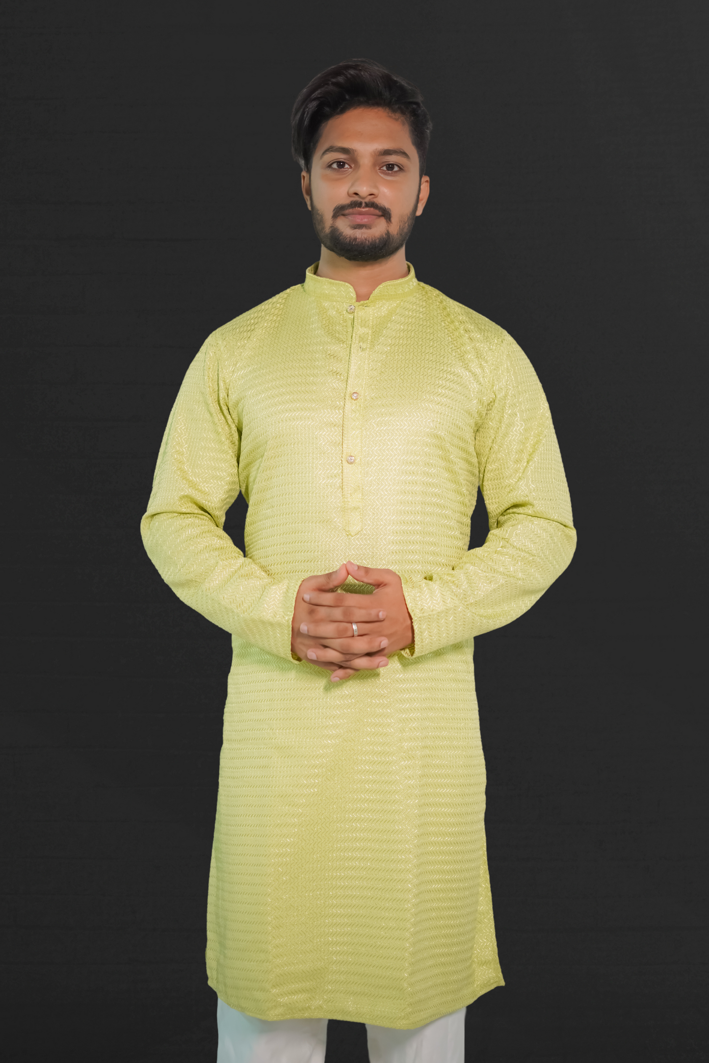 Men's Cotton Silk Sequinned Embroidered Yellow Kurta With White Pyjama