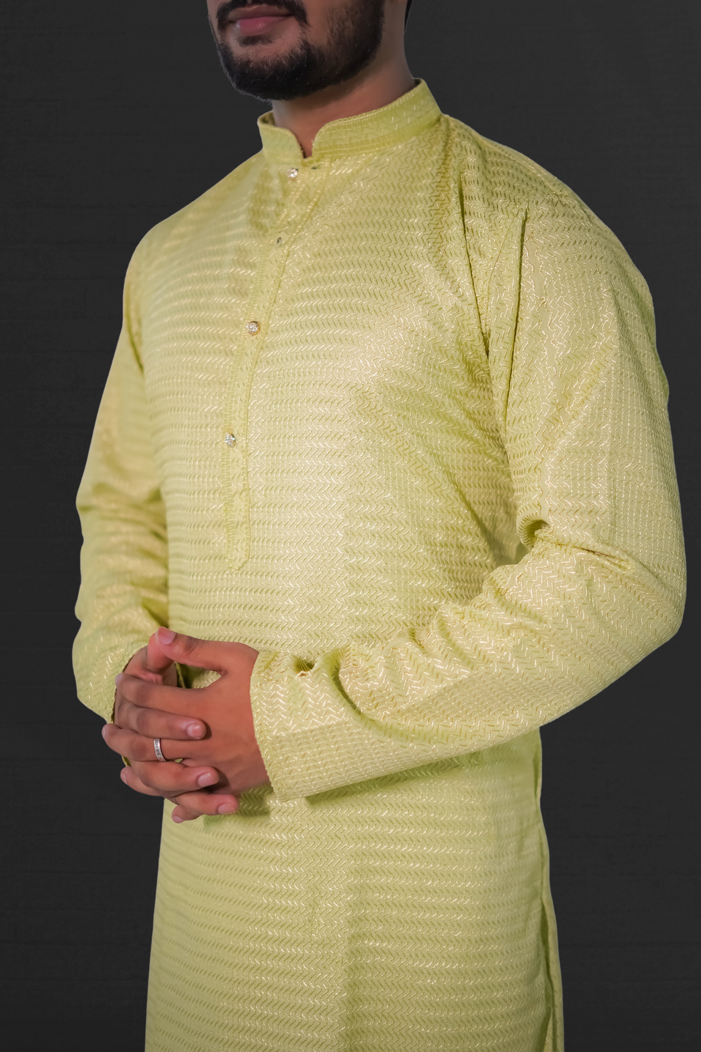 Men's Cotton Silk Sequinned Embroidered Yellow Kurta With White Pyjama