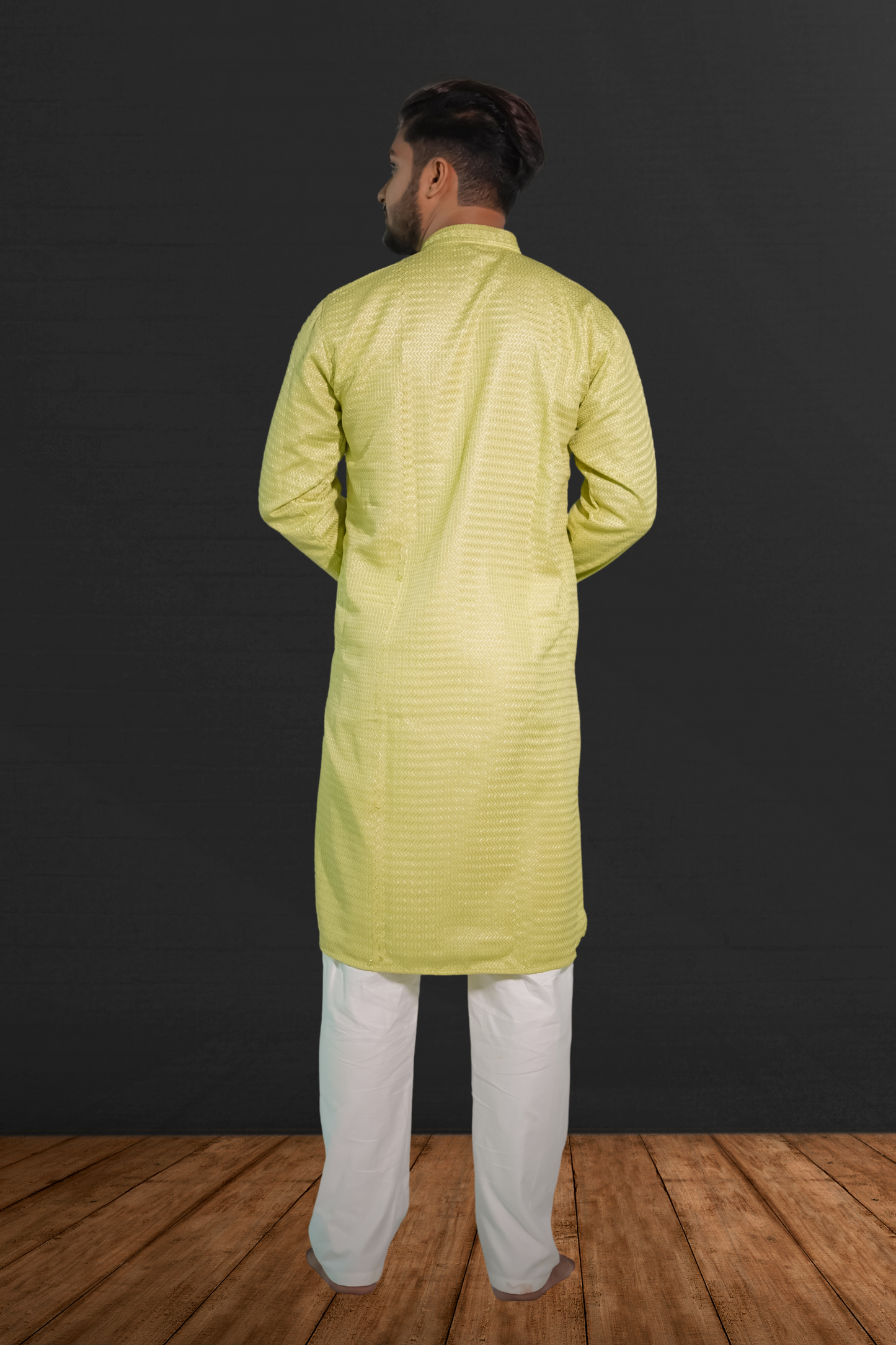 Men's Cotton Silk Sequinned Embroidered Yellow Kurta With White Pyjama