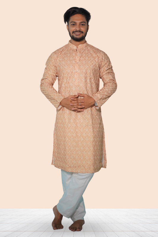 Peach Embroidered Cotton Kurta For Men