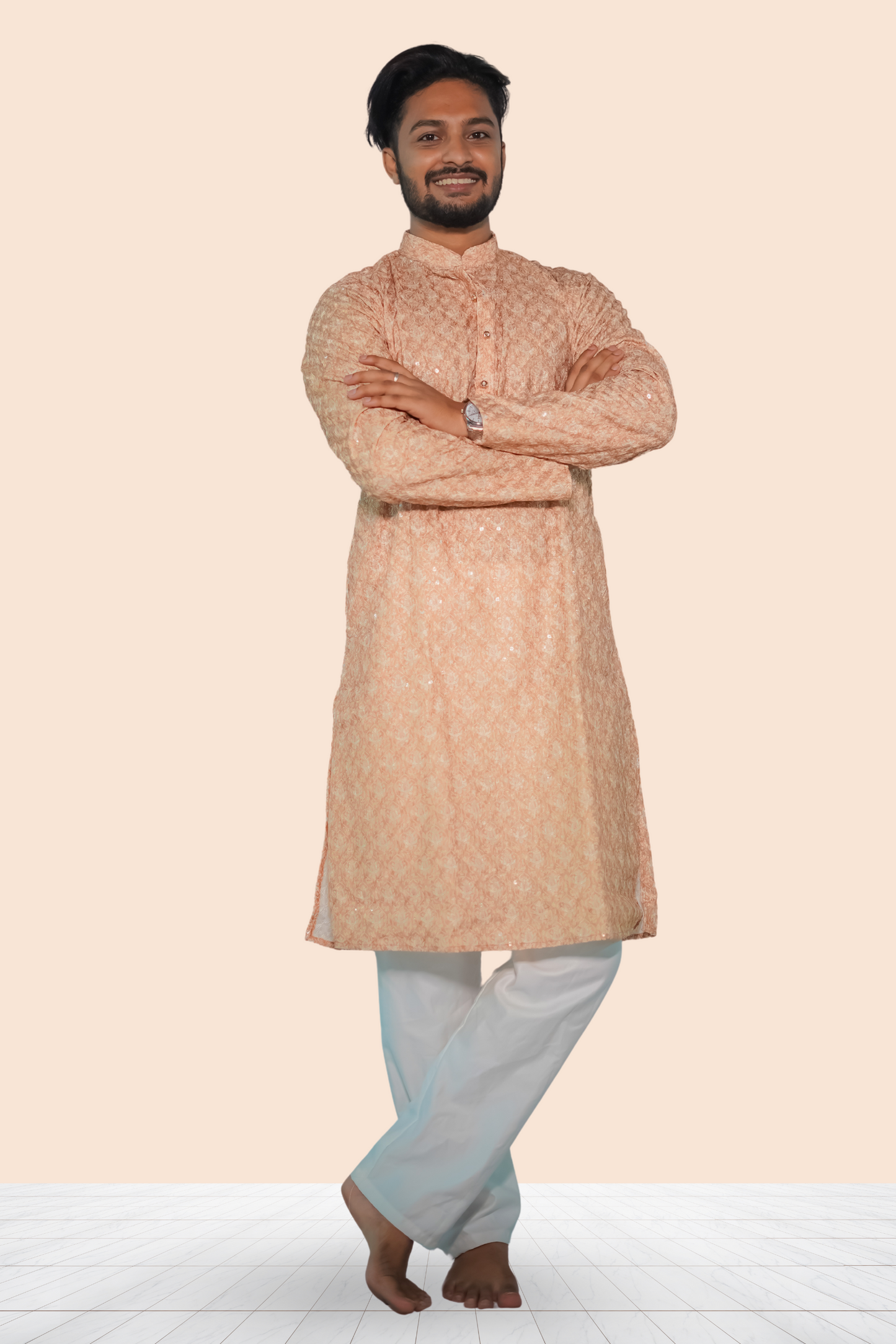 Peach Embroidered Cotton Kurta For Men