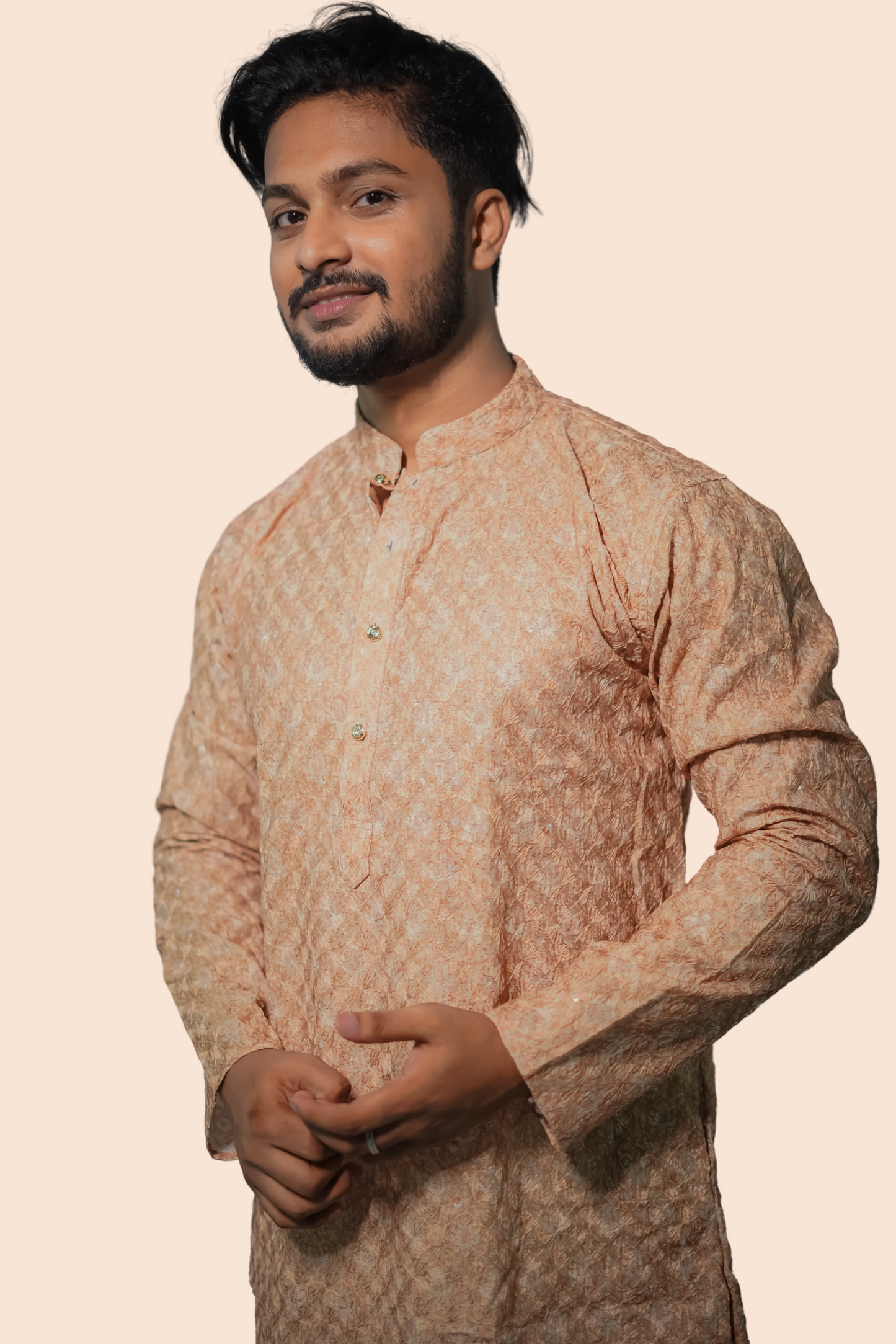 Peach Embroidered Cotton Kurta For Men