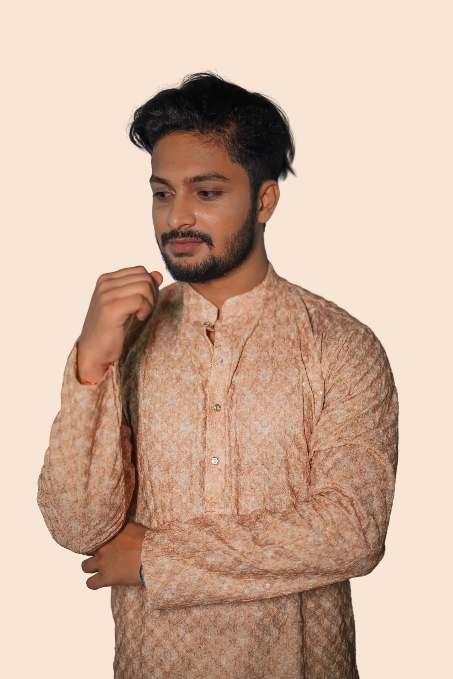 Peach Embroidered Cotton Kurta For Men