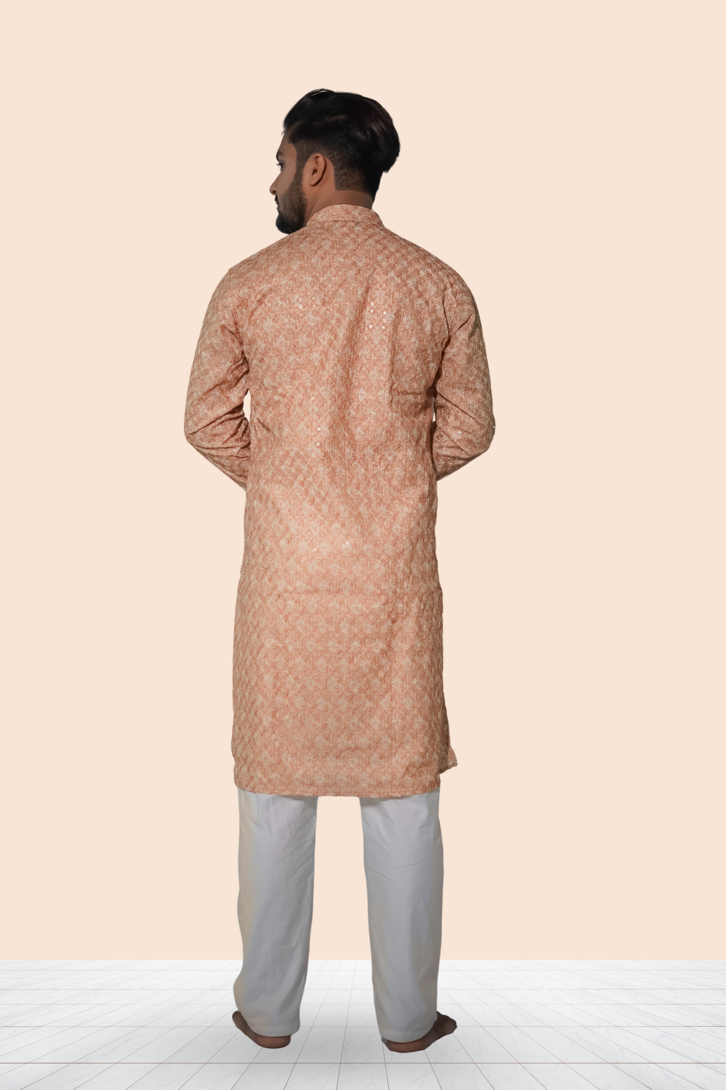 Peach Embroidered Cotton Kurta For Men