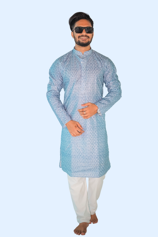 Men Blue & Beige Ethnic Motifs Kurta with Churidar