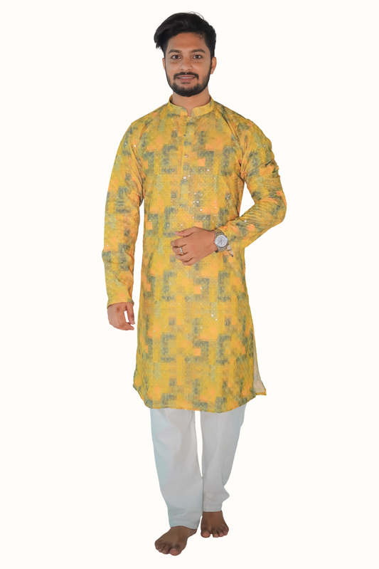 Traditional Printed Chicken Cotton Kurta with Mandarin Collar