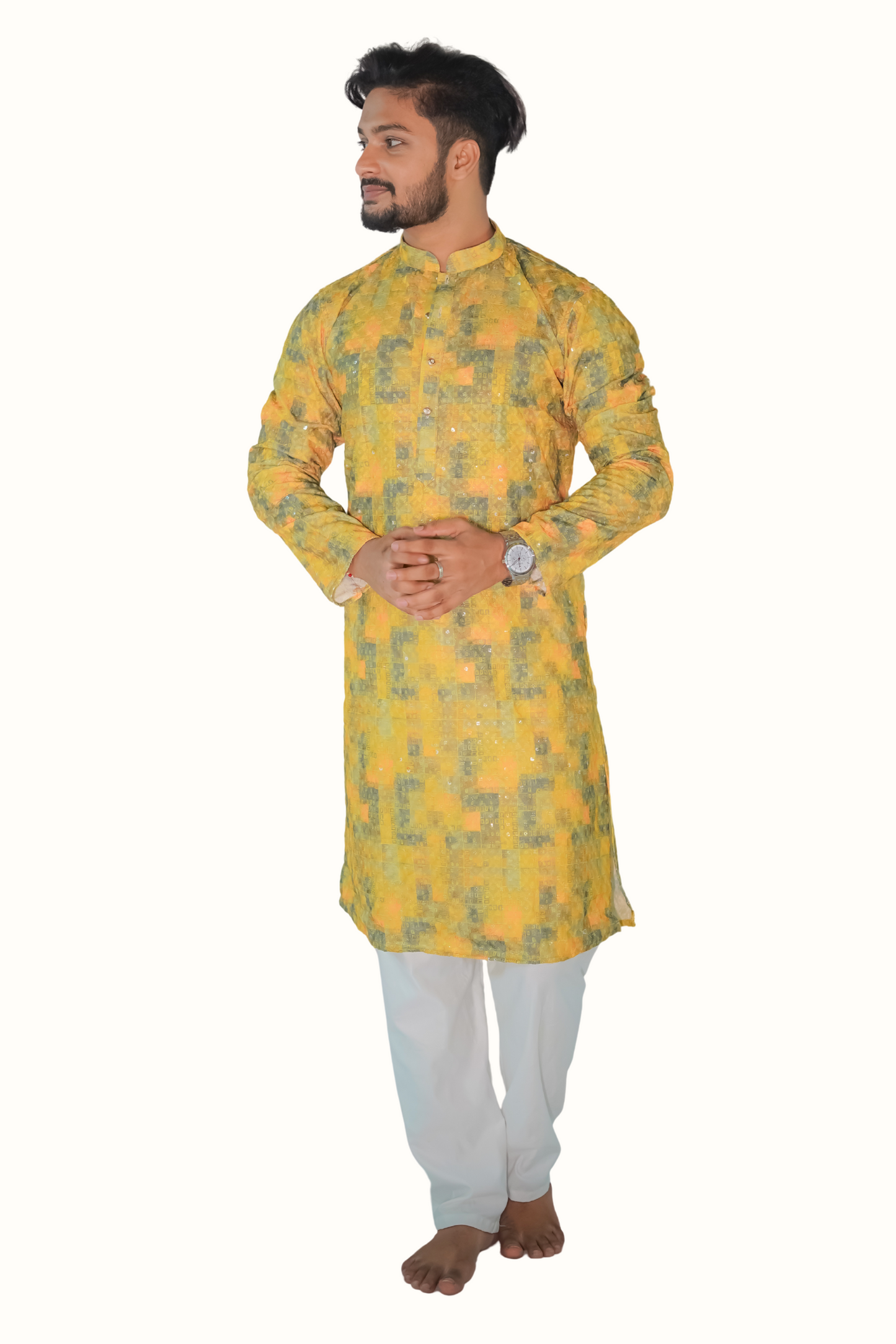 Traditional Printed Chicken Cotton Kurta with Mandarin Collar