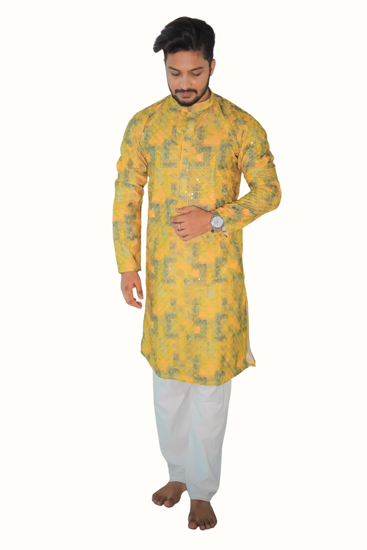 Traditional Printed Chicken Cotton Kurta with Mandarin Collar