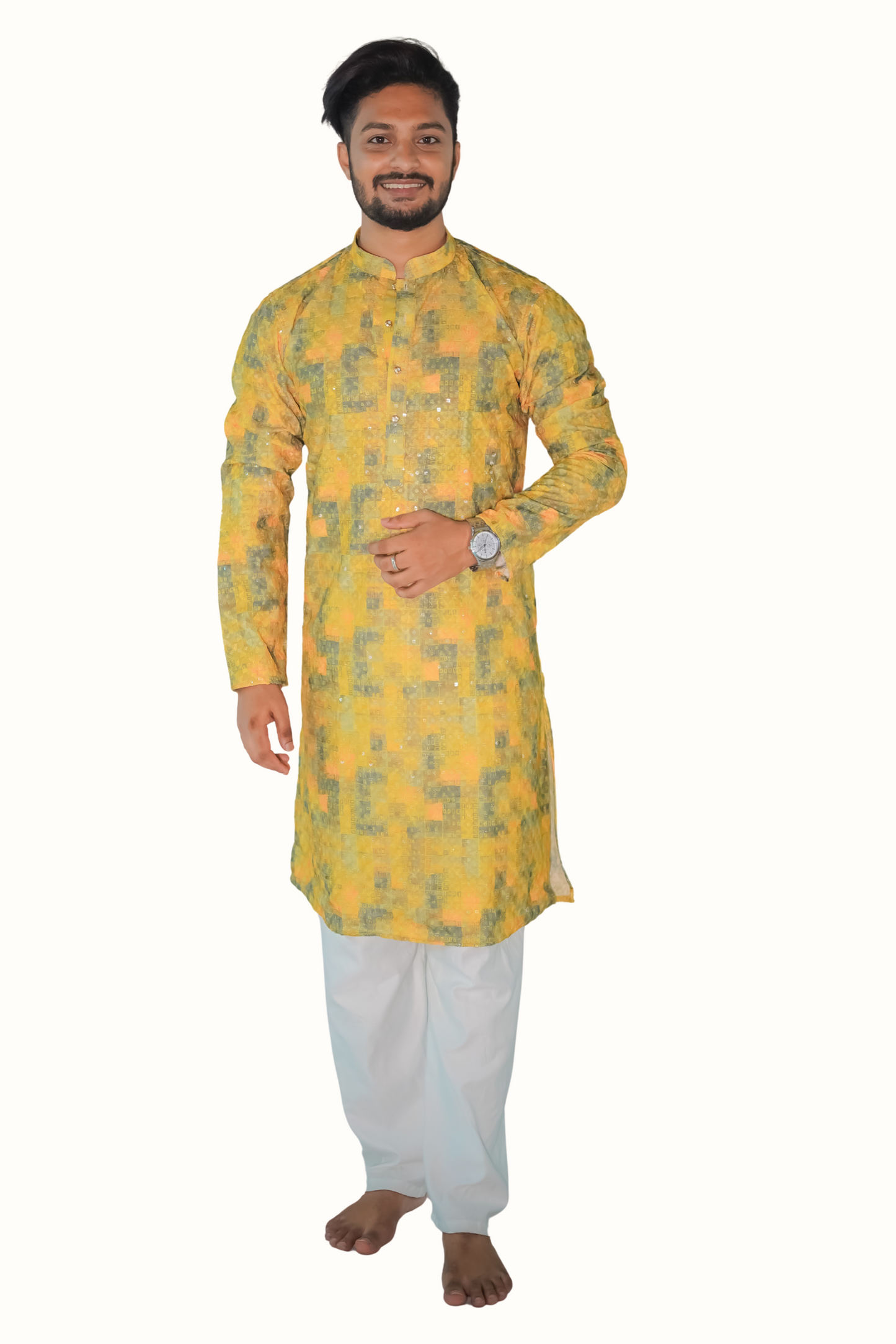Traditional Printed Chicken Cotton Kurta with Mandarin Collar