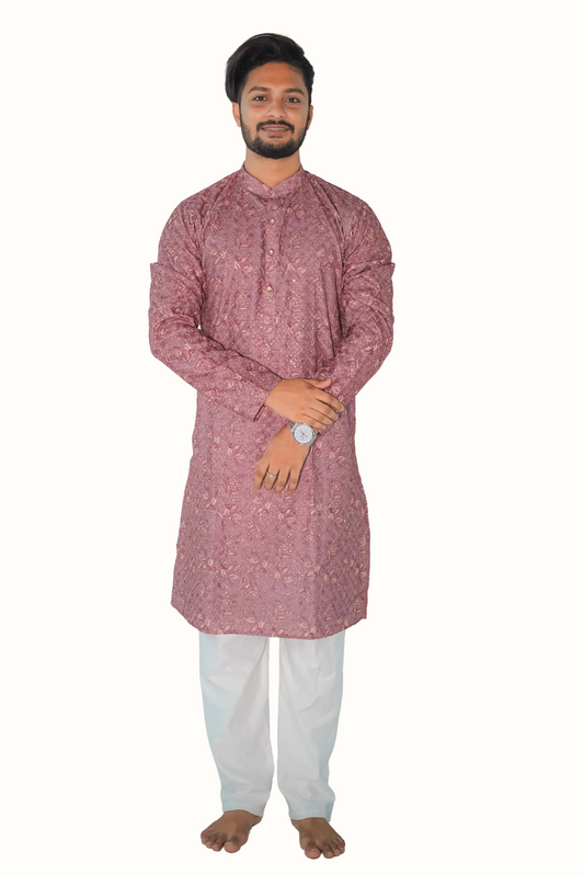 Lakhnavi Chikan Kurta Pajama Set with Metallic-Thread Embroidery