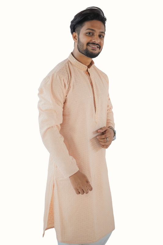 Men Embroidered Cotton Silk Straight Kurta  (Beige)
