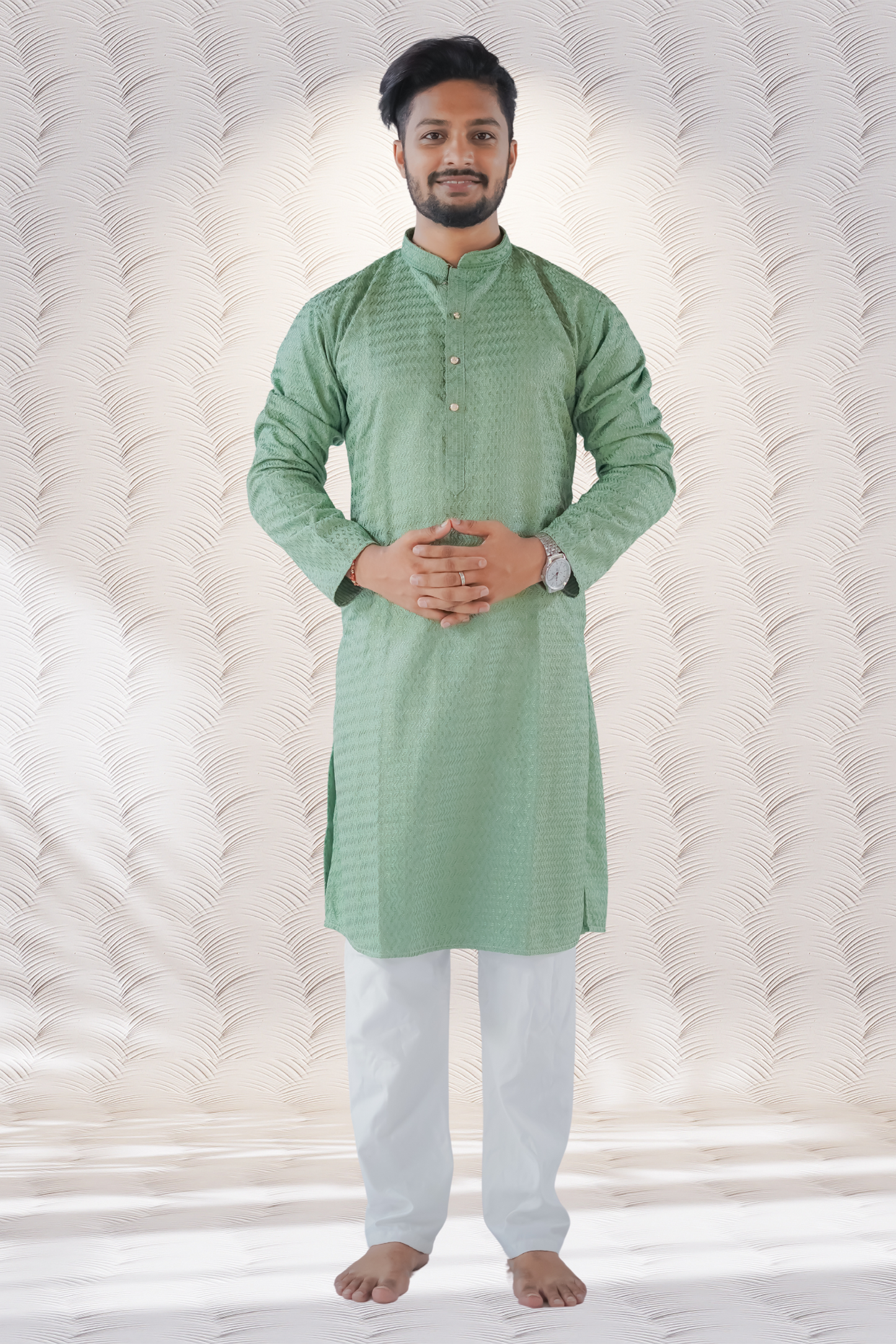 Threadwork kurta in olive green