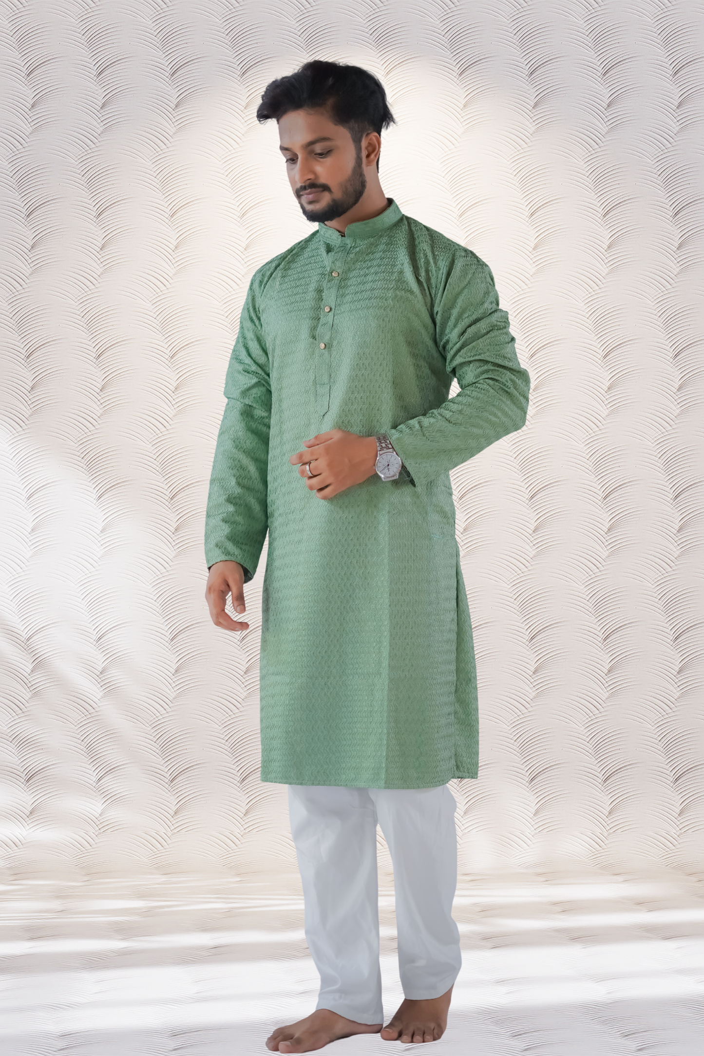 Threadwork kurta in olive green