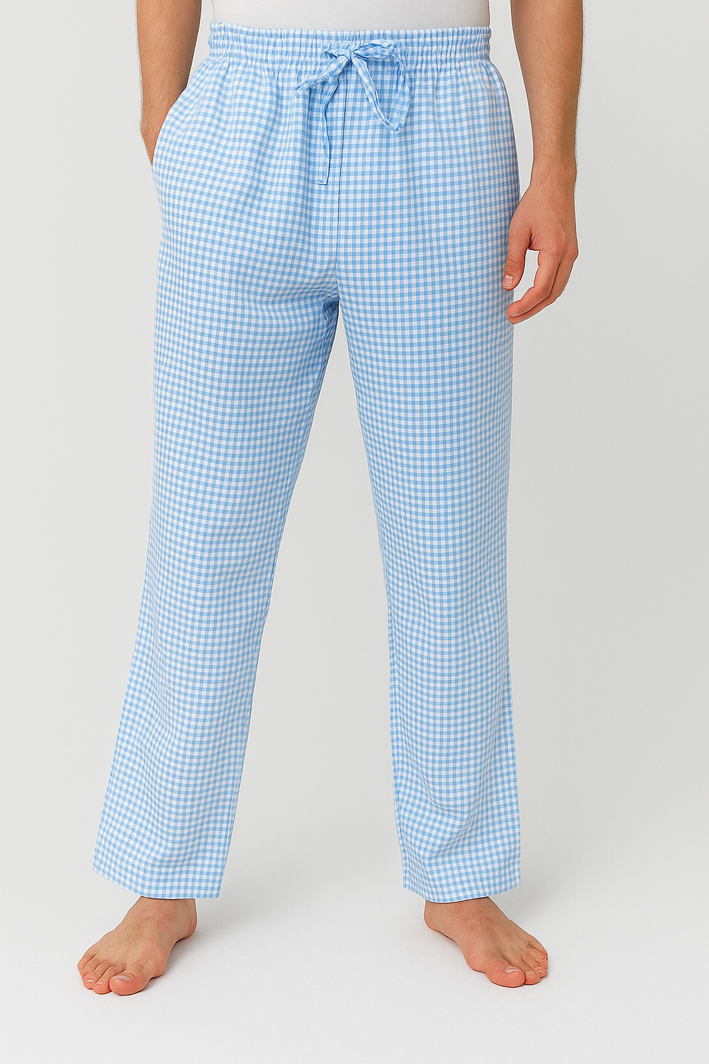 CottCraft Men’s Oxford Cotton Sky Blue & White Checked Straight-Fit Pyjama with Side Pockets