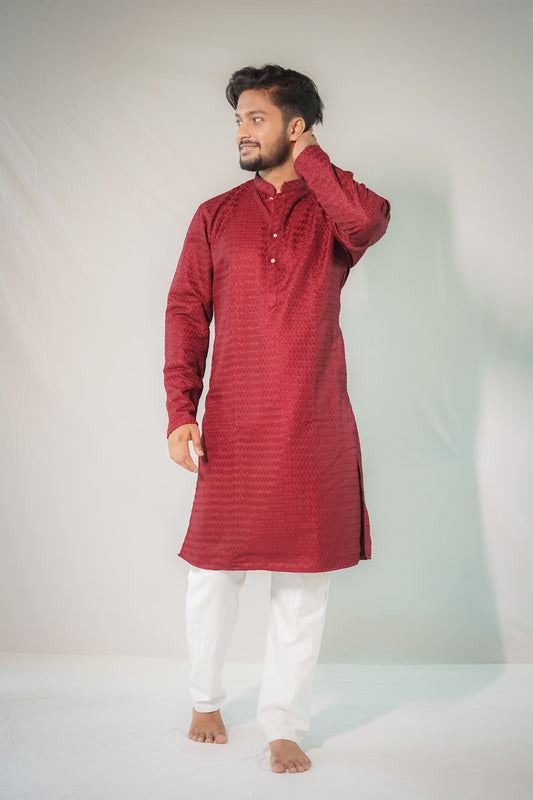Men's Wine Embroidered Rayon Kurta Set