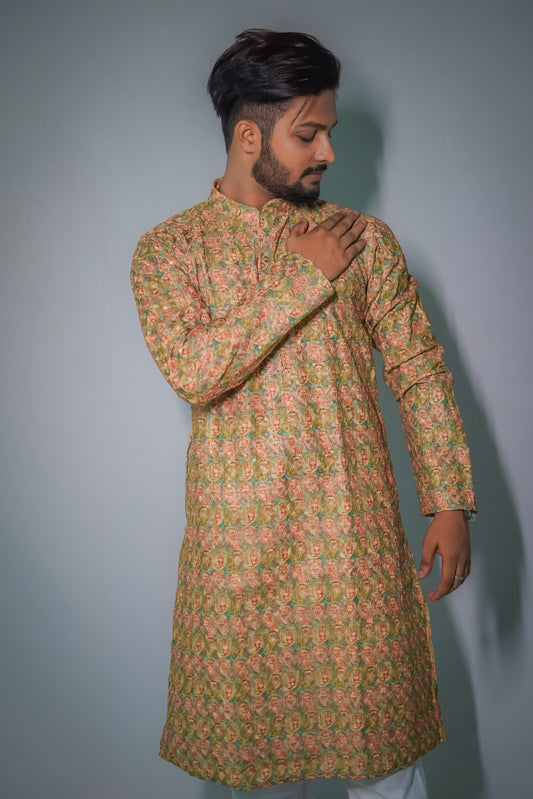Silk Gold Thread Floral Embroidered Kurta