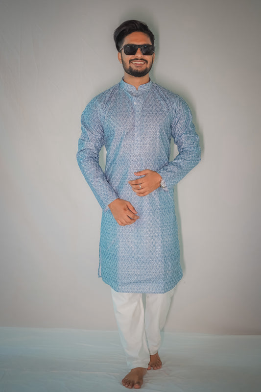 Ice Blue Printed Cotton Kurta Pajama for Men