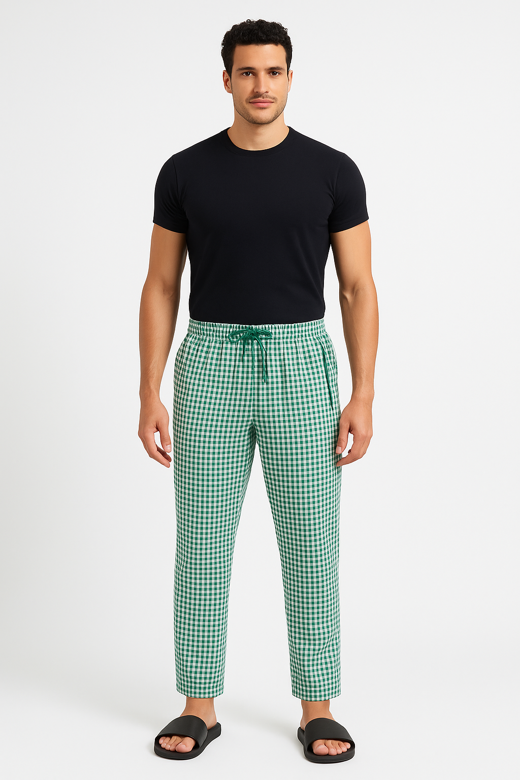 CottCraft Men’s Oxford Cotton Green & White Checked Straight-Fit Pyjama For Men