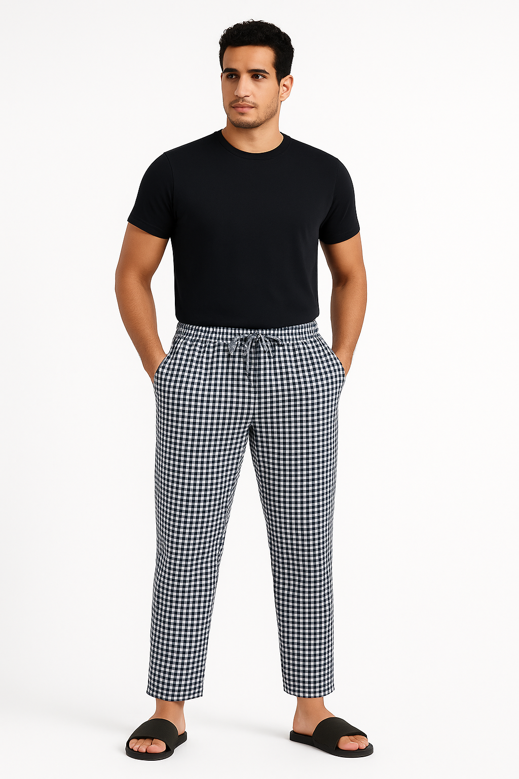 CottCraft Men’s Oxford Cotton Black & White Checked Straight-Fit Pyjama with Side Pockets