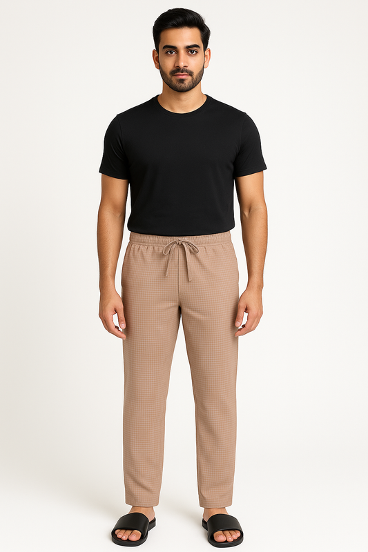 CottCraft Men’s Light Coffee Brown Graph Pattern Oxford Cotton Pyjama