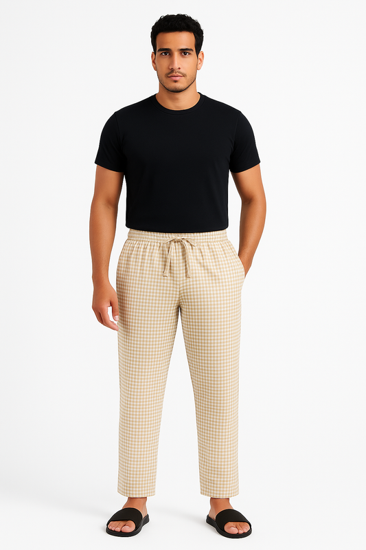 CottCraft Men’s Oxford Cotton Beige & White Checked Straight-Fit Pyjama