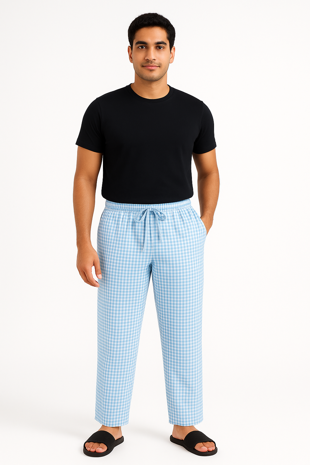 CottCraft Men’s Oxford Cotton Sky Blue & White Checked Straight-Fit Pyjama with Side Pockets