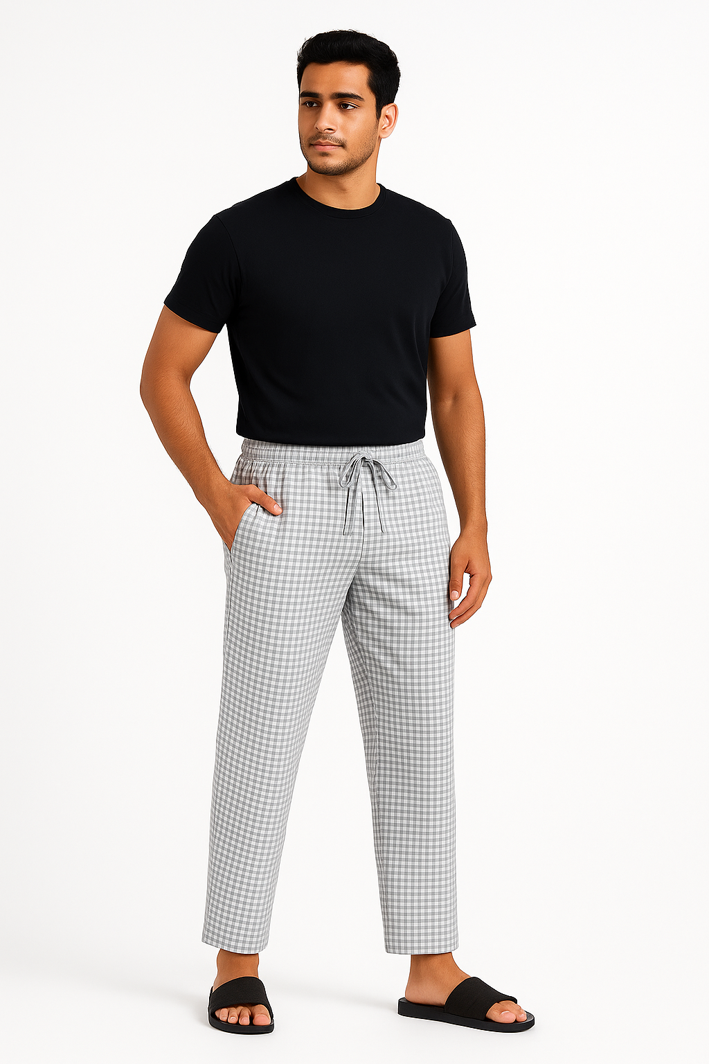 CottCraft Men’s Grey & White Checked Oxford Cotton Pyjama