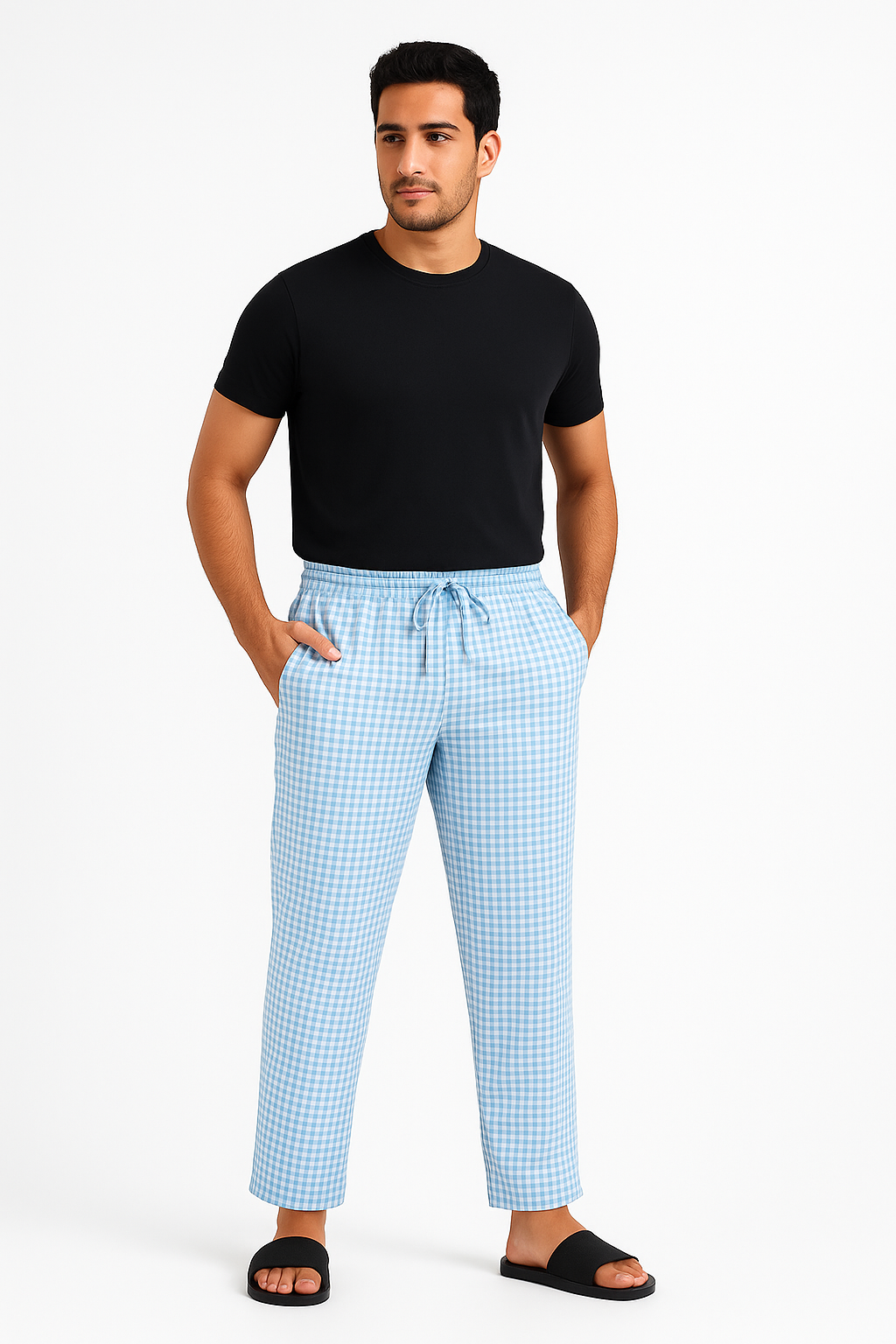 CottCraft Men’s Oxford Cotton Sky Blue & White Checked Straight-Fit Pyjama with Side Pockets