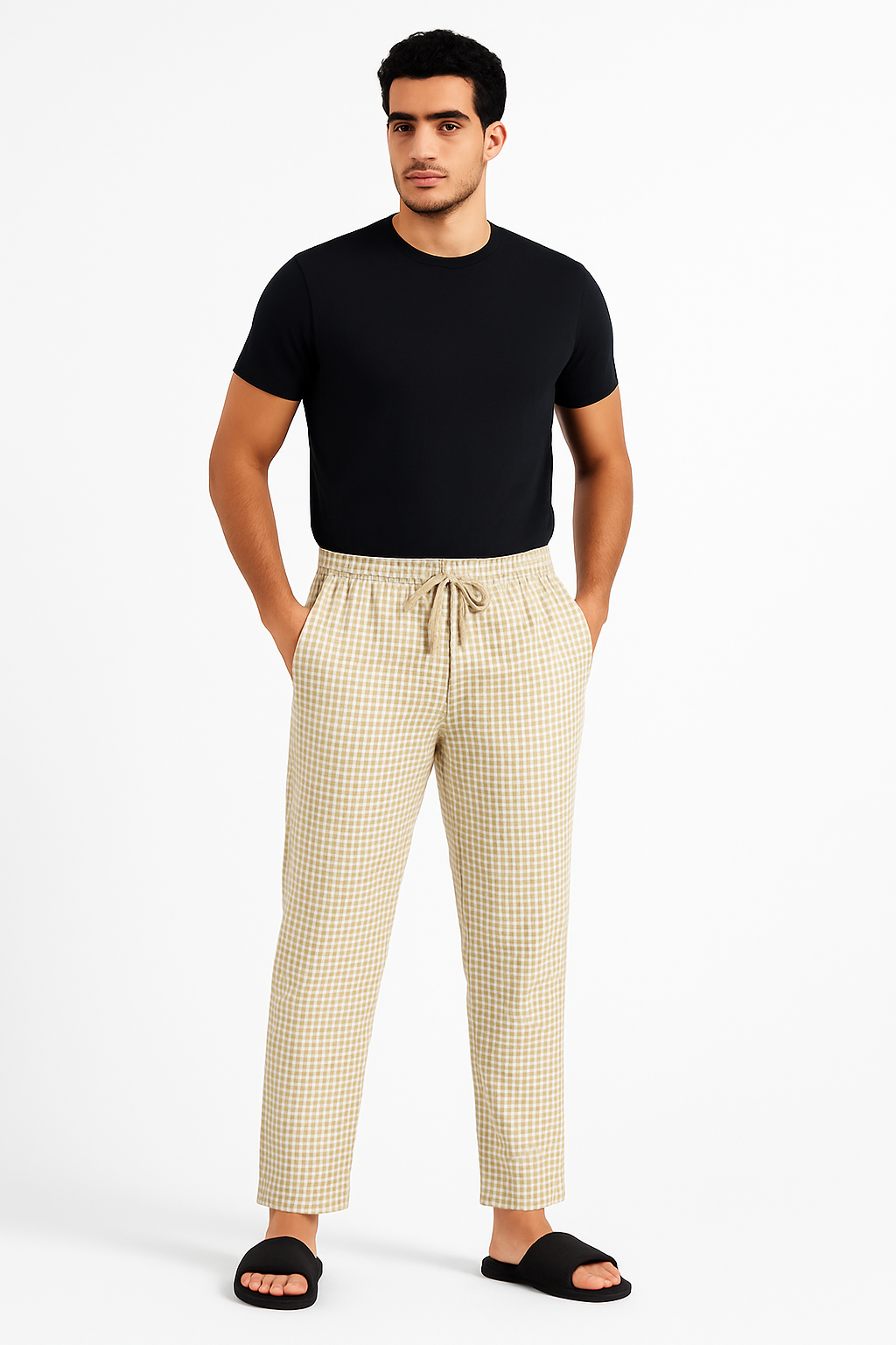 CottCraft Men’s Oxford Cotton Beige & White Checked Straight-Fit Pyjama