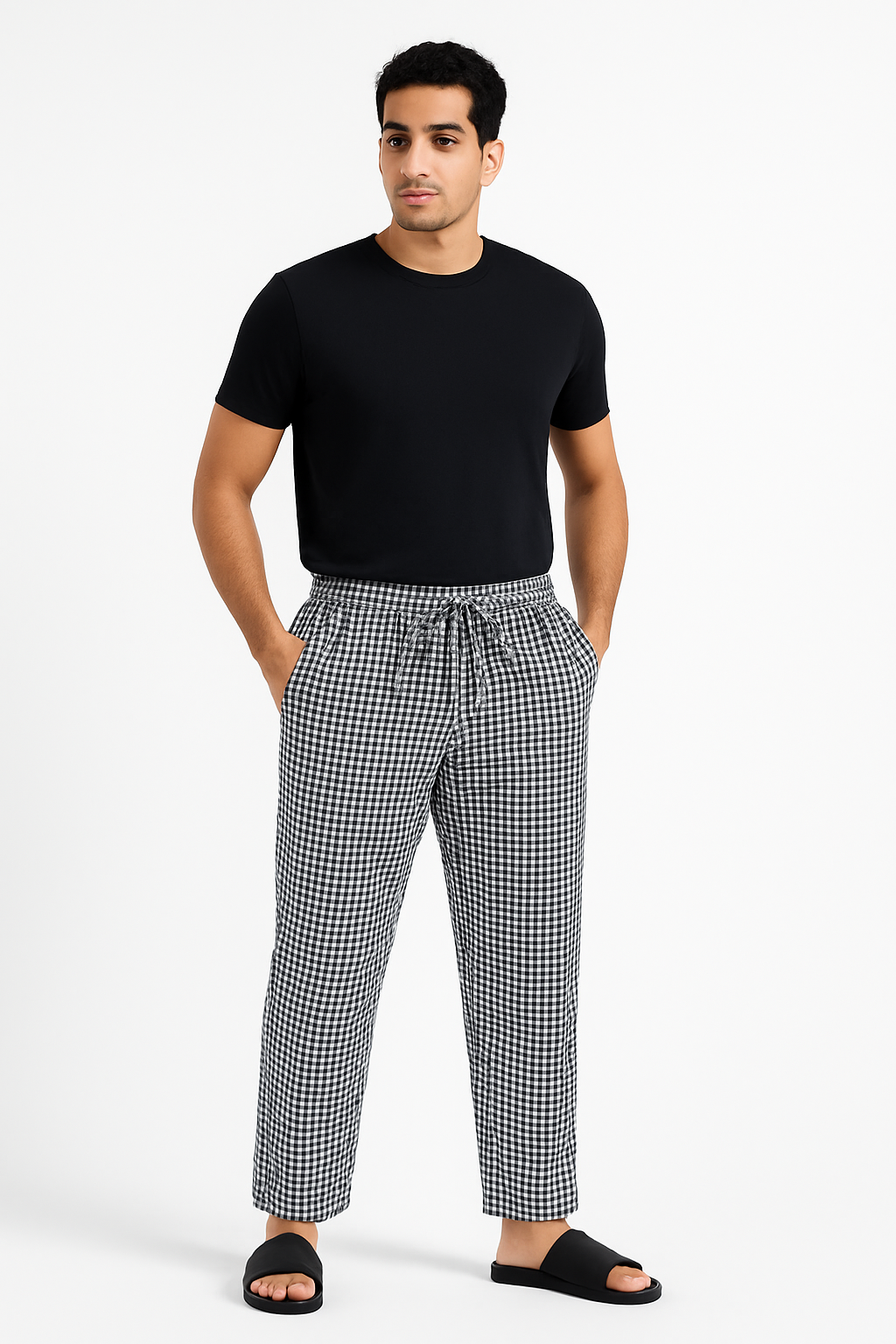 CottCraft Men’s Oxford Cotton Black & White Checked Straight-Fit Pyjama with Side Pockets