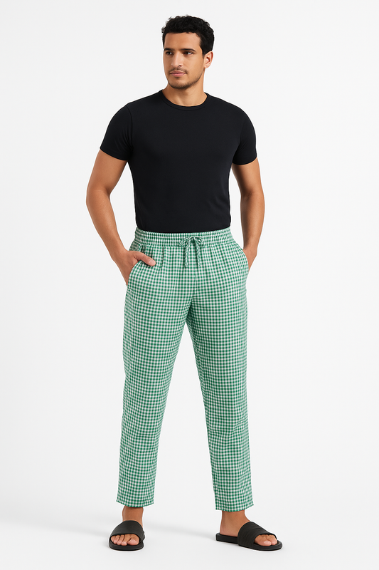 CottCraft Men’s Oxford Cotton Green & White Checked Straight-Fit Pyjama For Men