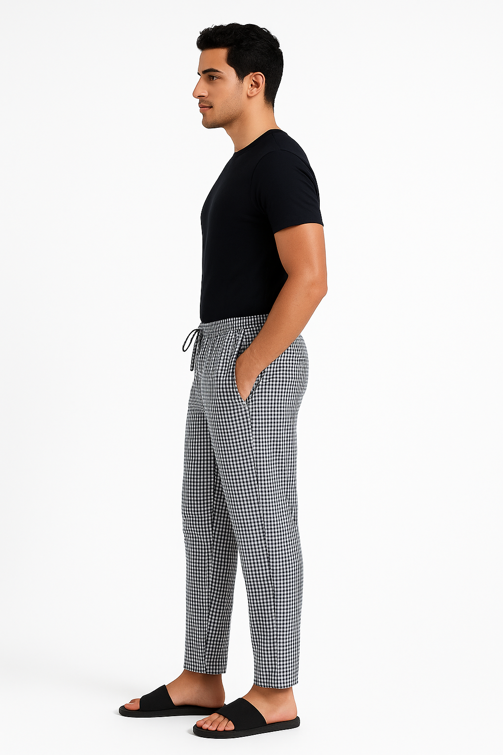 CottCraft Men’s Oxford Cotton Black & White Checked Straight-Fit Pyjama with Side Pockets