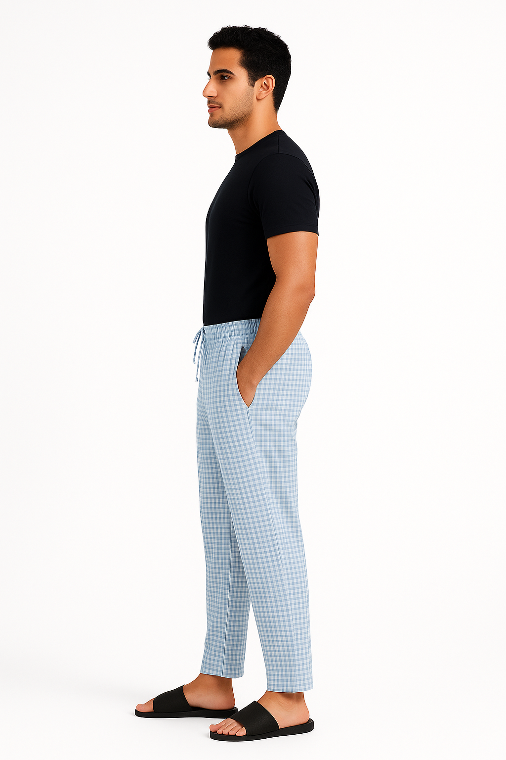 CottCraft Men’s Oxford Cotton Sky Blue & White Checked Straight-Fit Pyjama with Side Pockets