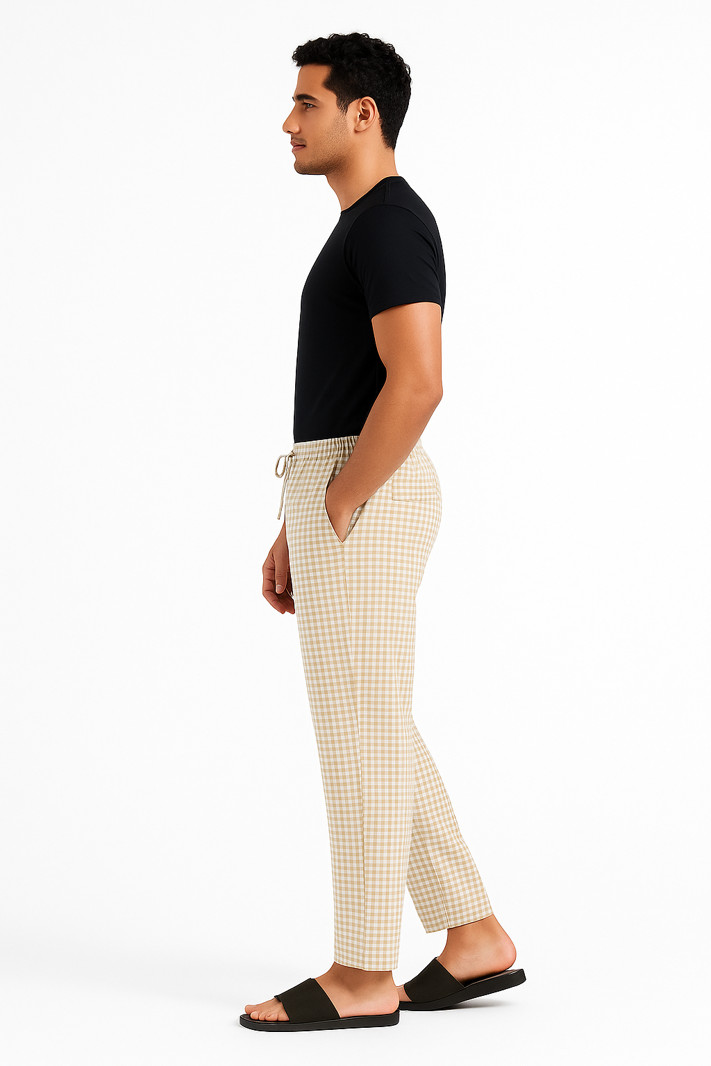 CottCraft Men’s Oxford Cotton Beige & White Checked Straight-Fit Pyjama