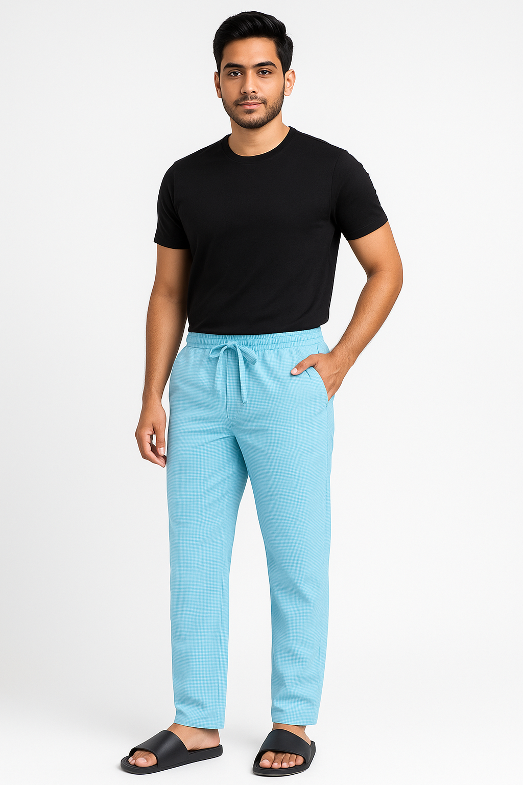 CottCraft Men’s Sky Blue Graph Pattern Oxford Cotton Pyjama